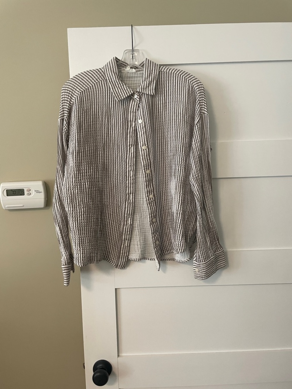 Lou & Grey Vertical Stripe Button-Down Shirt in Greige and White